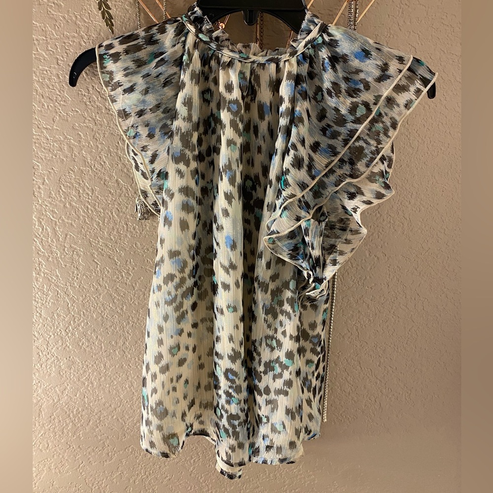 LOFT Shimmer Animal Print Ruffle Shell - Picture 2 of 5